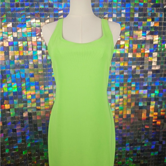 Golden State Neon Lime Green Tank Dress Halter Neck Bodycon Mini Dress - Picture 3 of 7